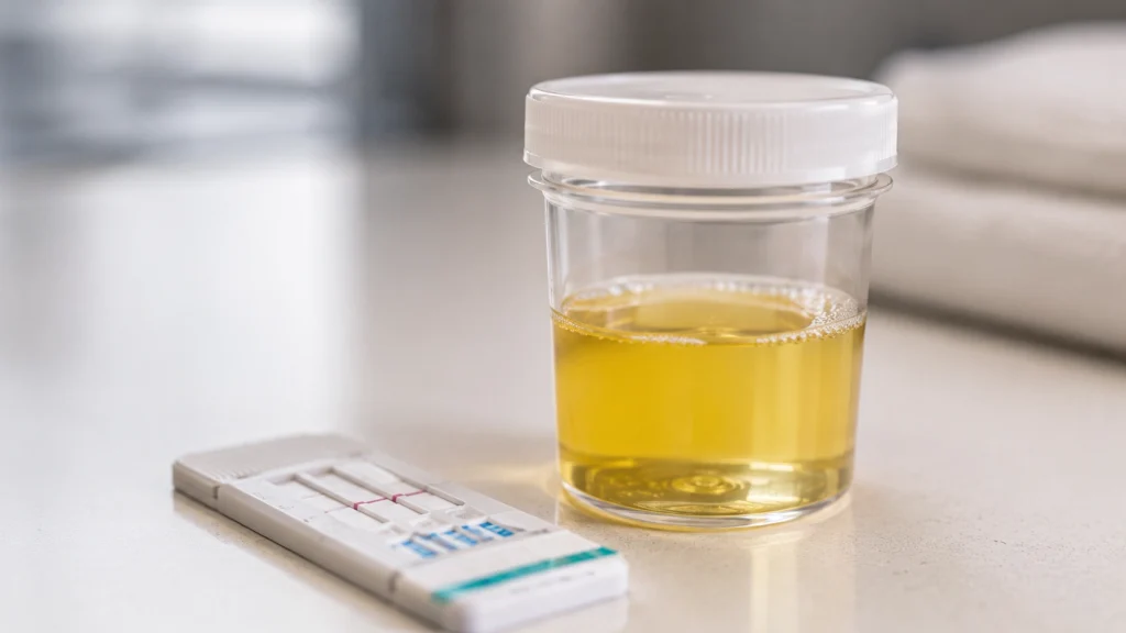 close-up urine sample and test kit showing how to pass a drug test through safe preparation and clear testing facts