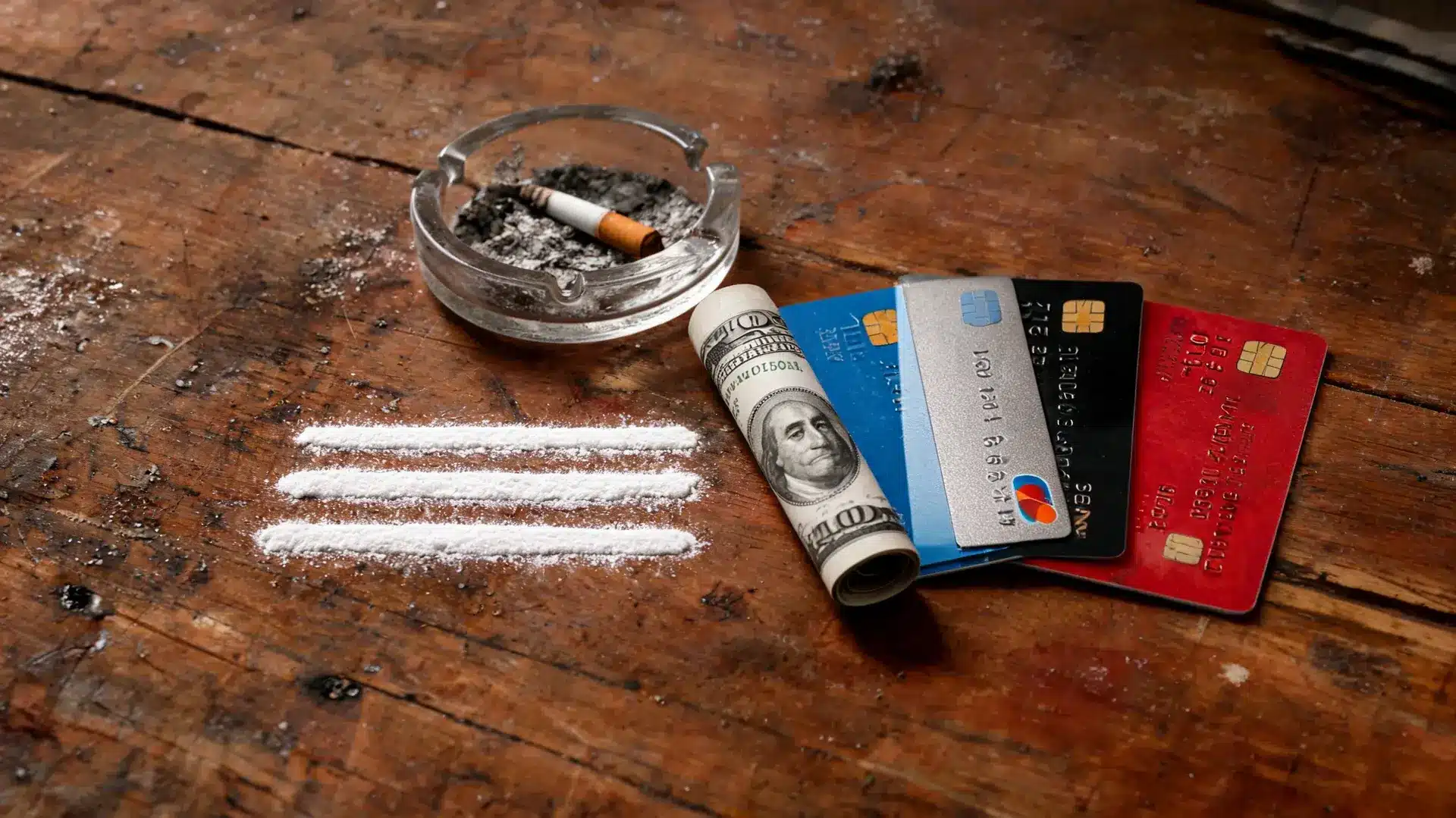 cocaine lines on a wooden table with a rolled dollar bill, credit cards, and a cigarette in an ashtray
