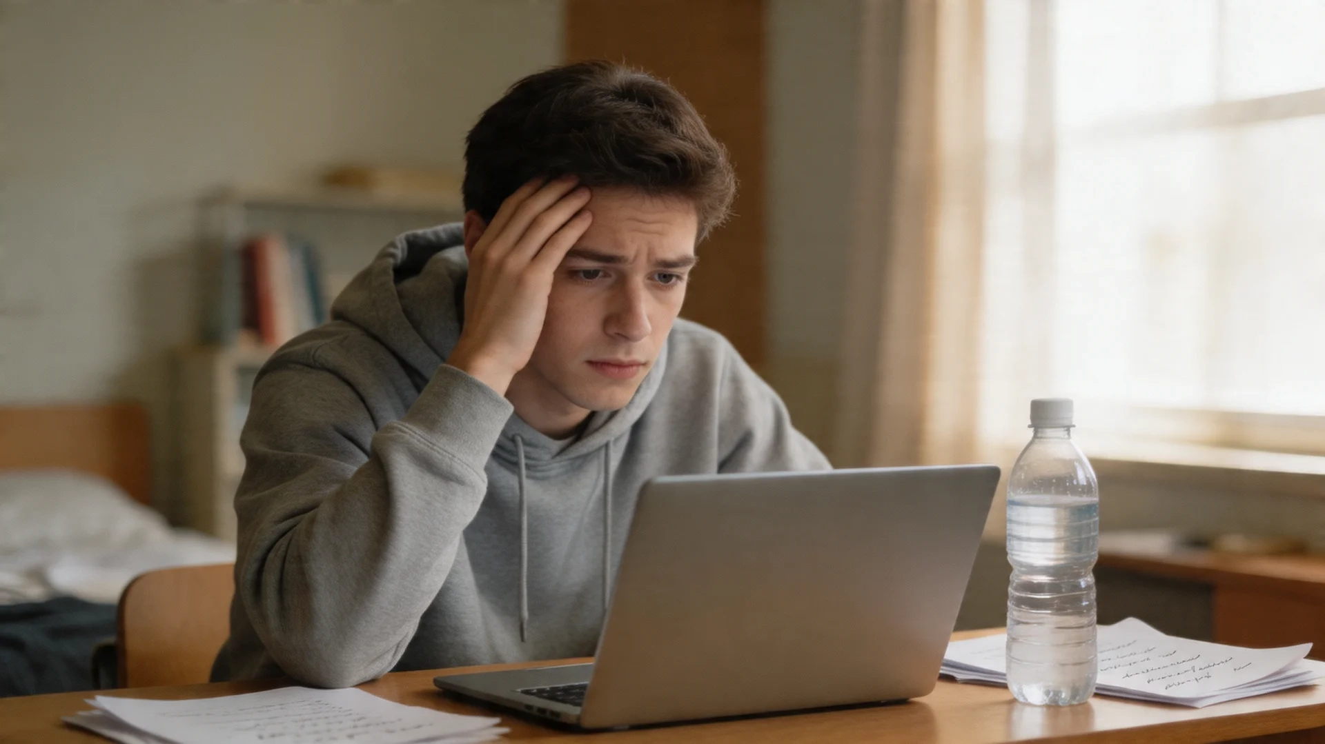 college student holding head in hand, staring blankly at laptop, scattered notes and water bottle on desk
