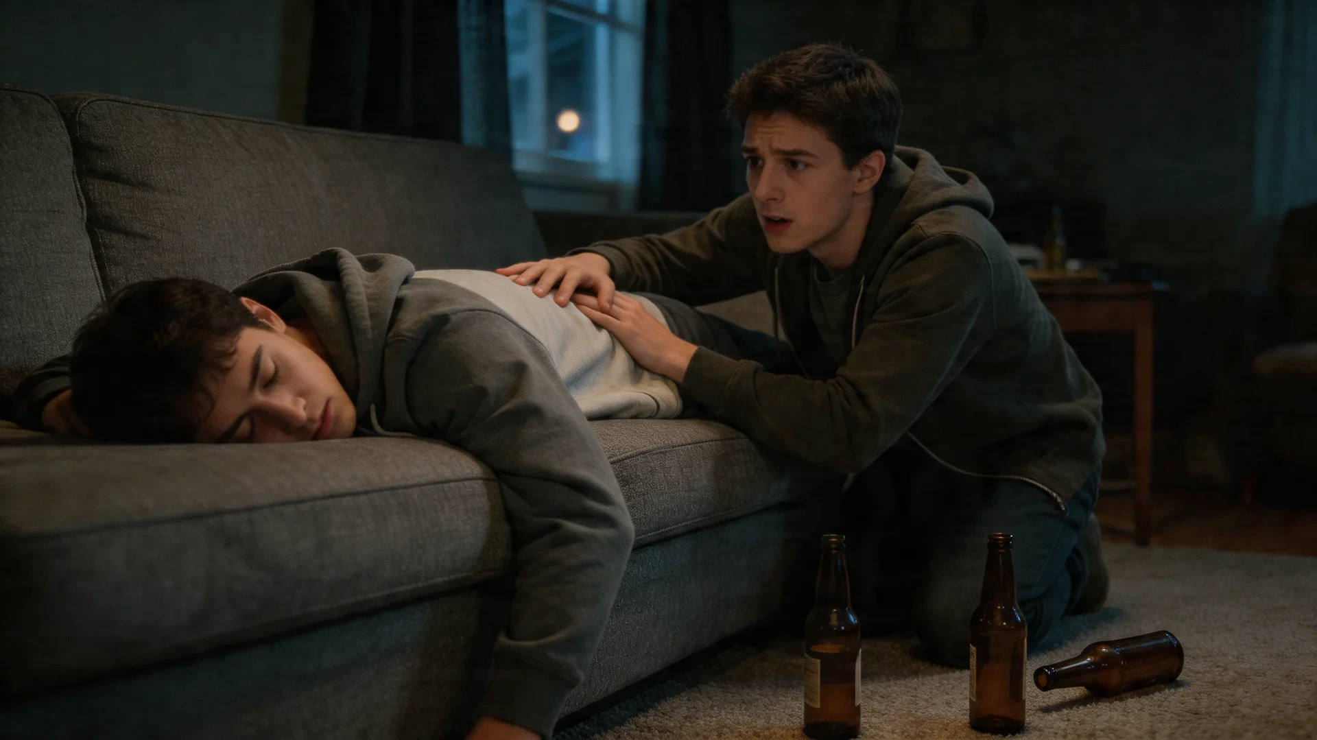 concerned friend kneeling beside unresponsive person lying on couch, empty beer bottles on floor in dark living room