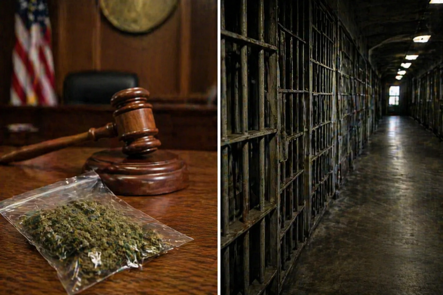 courtroom with a gavel and cannabis bag on a desk, contrasted with a dark prison corridor and barred cells