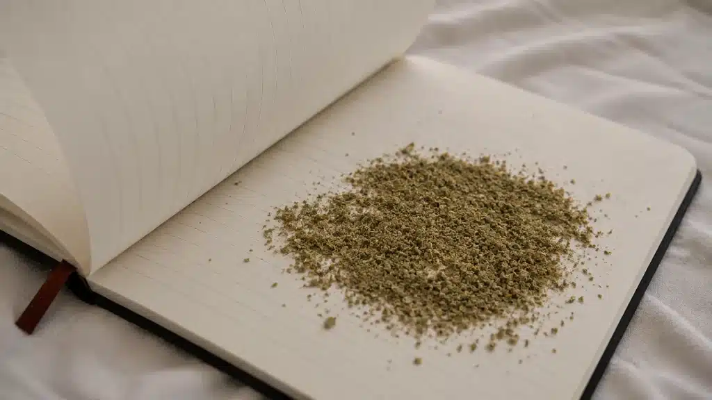 crushed dry cannabis leaves scattered across lined notebook paper, with a page turning above in soft natural light