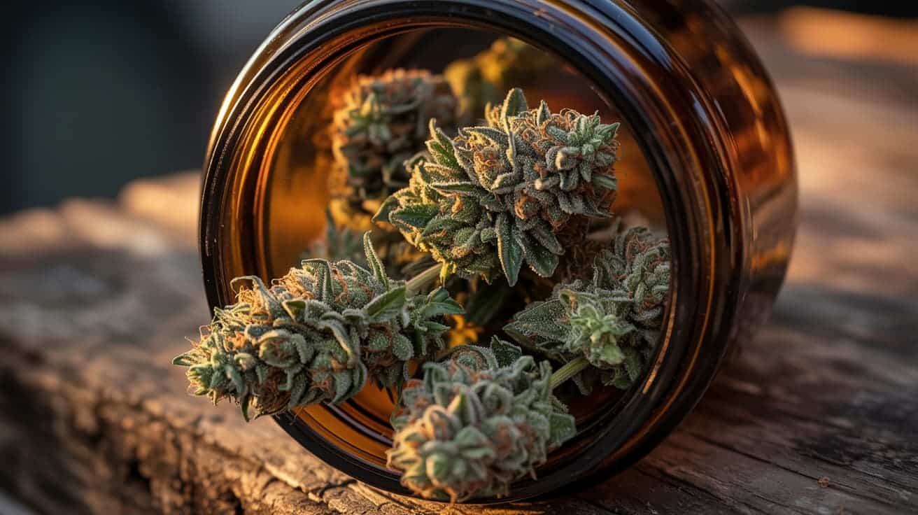 dark green and purple cannabis buds in jar on wooden surface with low warm lighting and shadows