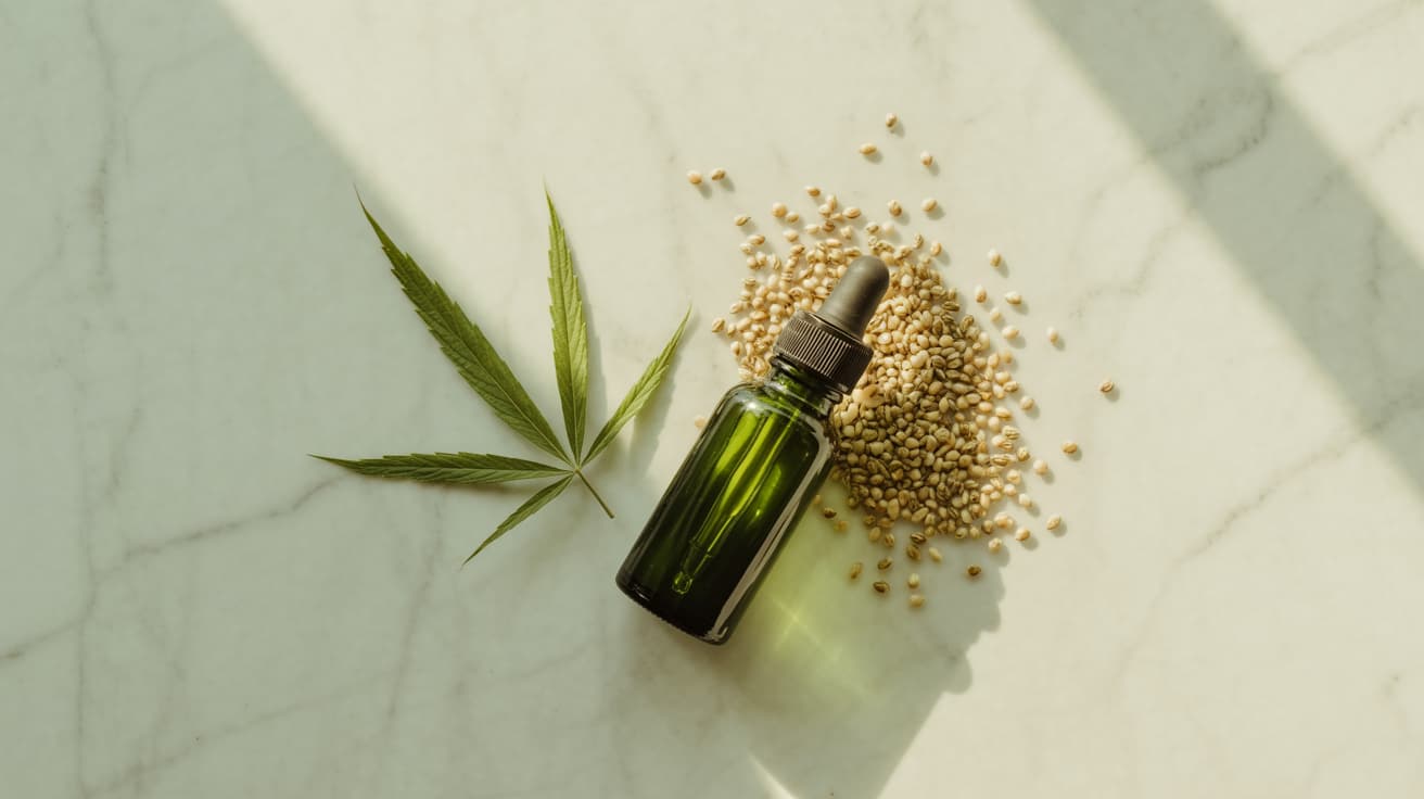dark green hemp seed oil bottle with dropper surrounded by hemp seeds and leaves on white marble surface