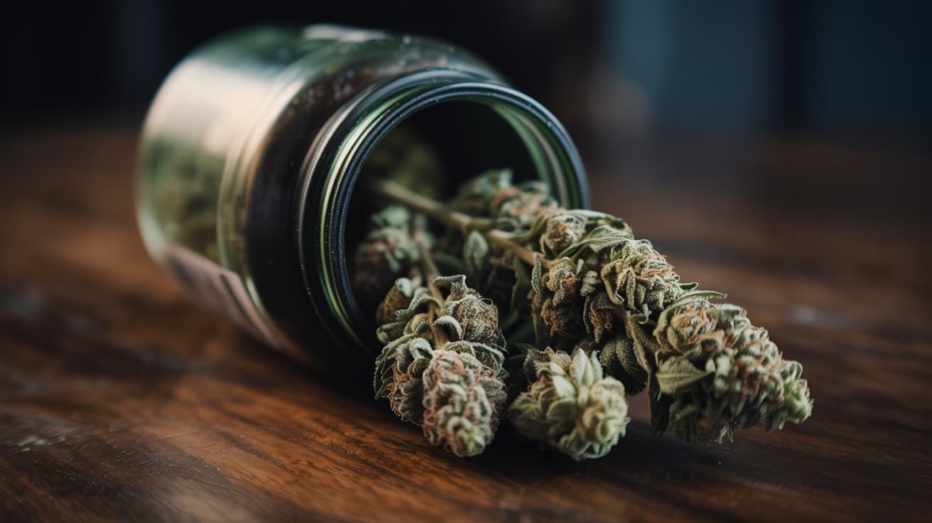 dense cannabis buds spilled from dark jar onto wooden surface with strong shadows and rich texture