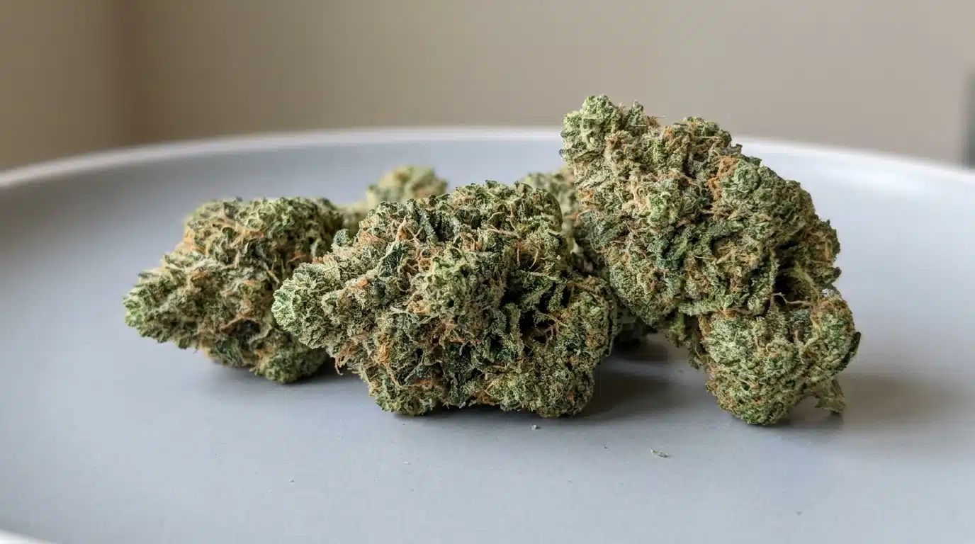 dense green jet fuel strain buds with orange pistils and frosty trichomes on a clean neutral background