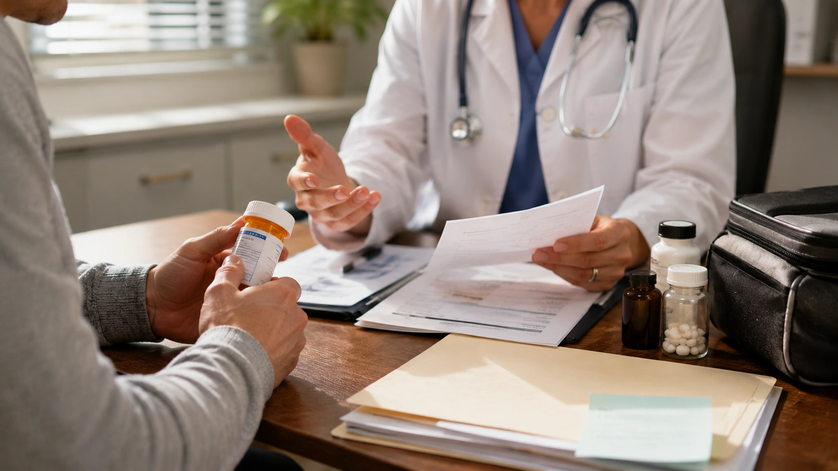 doctor checking medical record with patient, showing how to pass a drug test by reporting prescriptions before screening