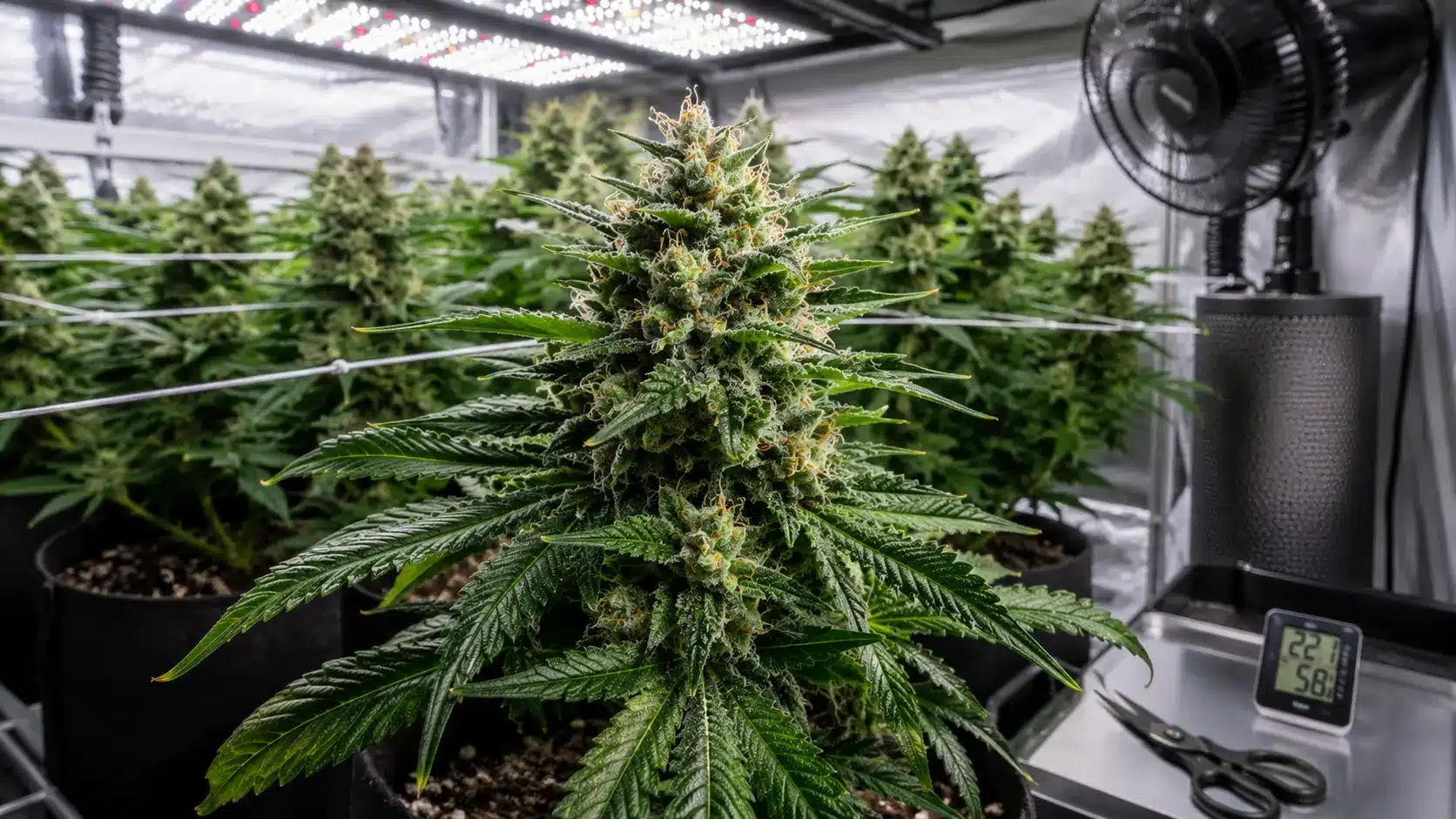 donny burger cannabis plant growing indoors under led lights with trellis netting, fan, and meter