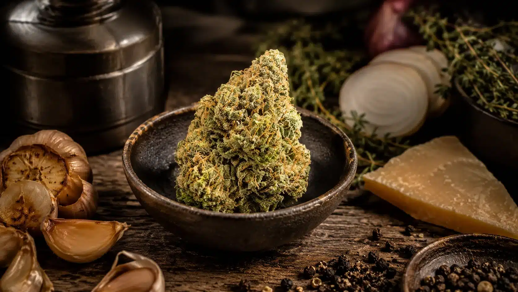 donny burger strain bud in ceramic bowl with garlic, cheese, onion, herbs, and peppercorns nearby