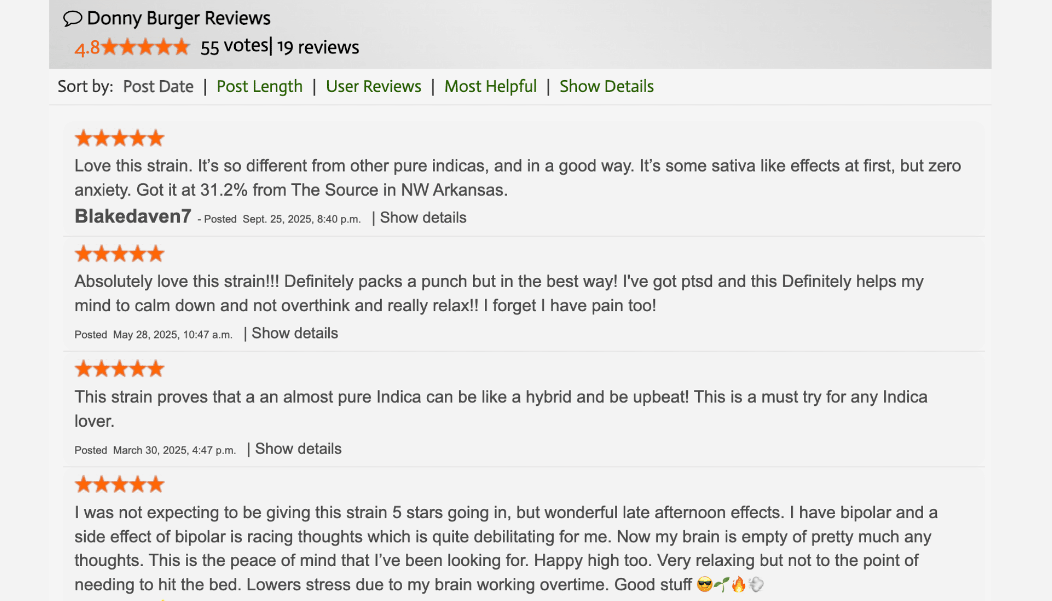 donny burger strain review page showing star ratings, user comments, votes, and review count