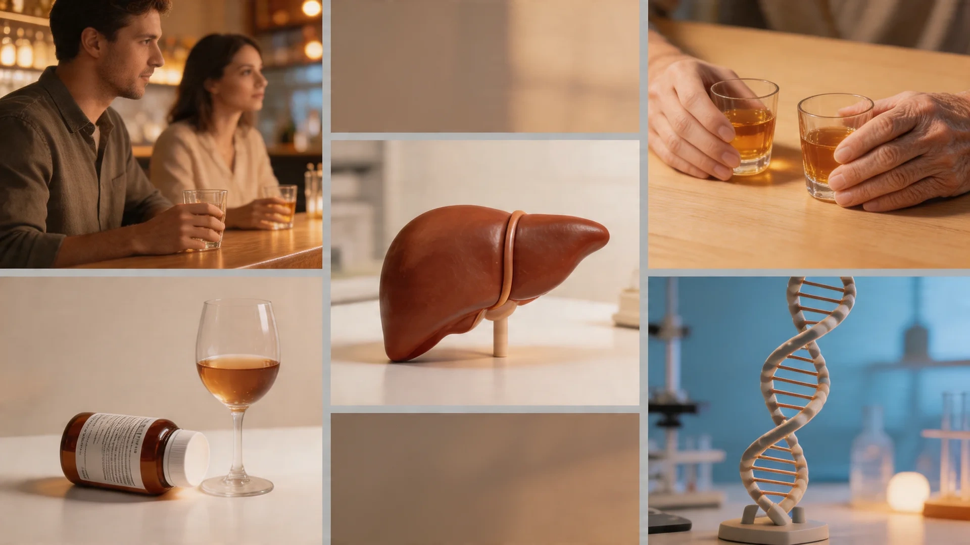 drinking at a bar, a liver model, hands holding whiskey glasses, a wine glass with a pill bottle, and a dna helix in lab