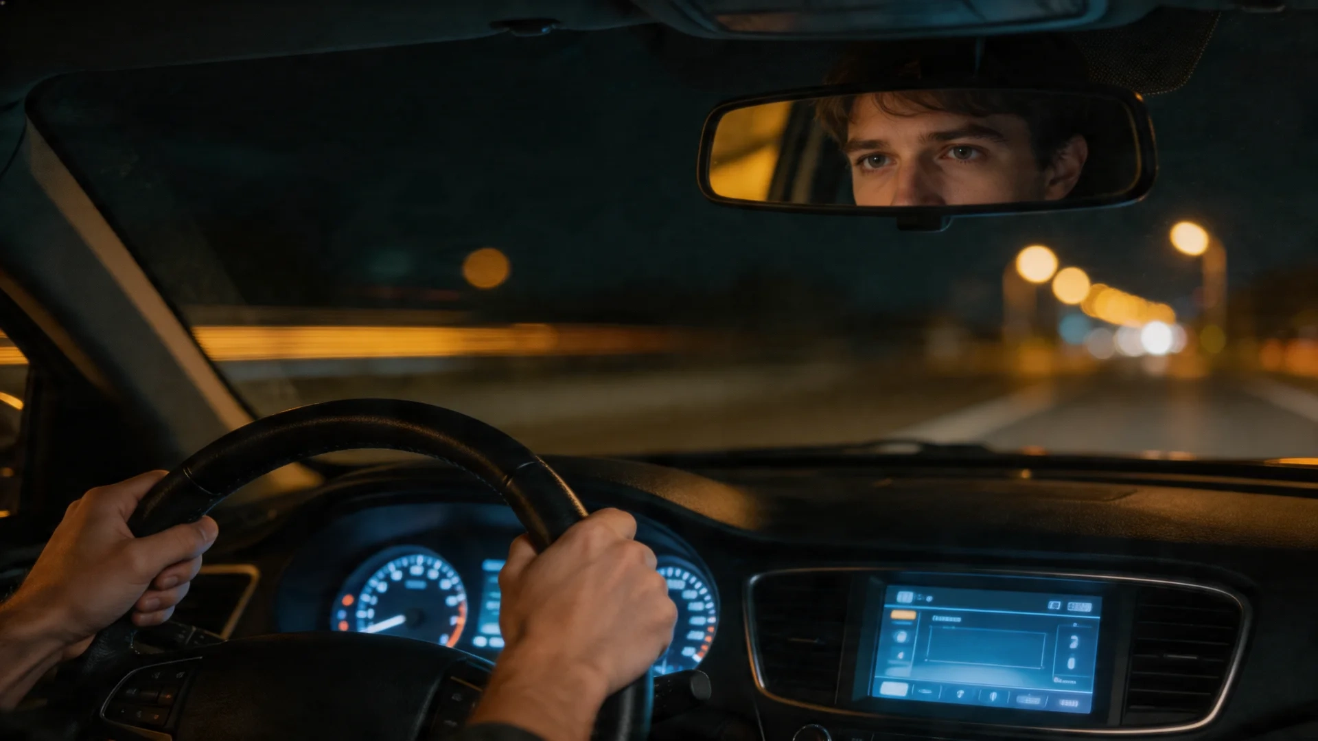driver gripping steering wheel at night, glassy eyes visible in rearview mirror, blurred streetlights through windshield