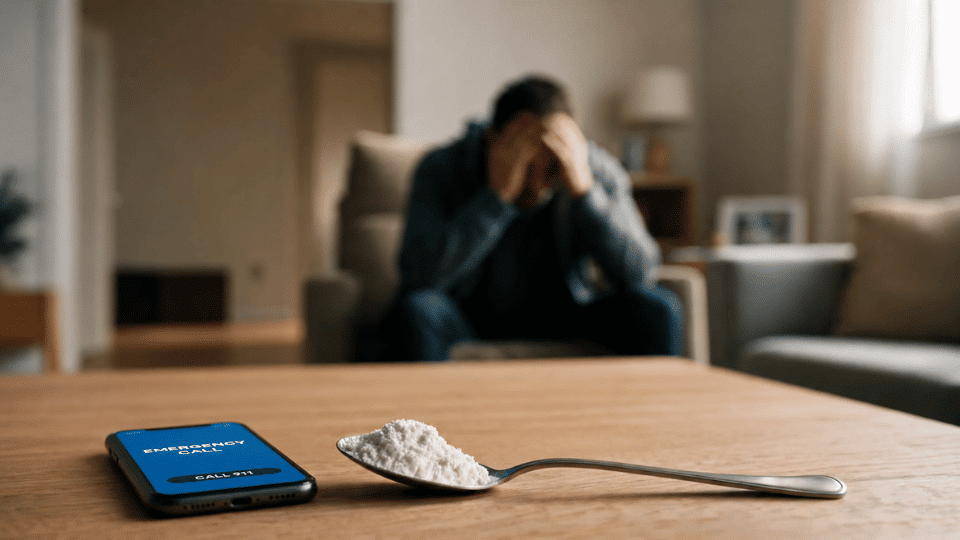emergency phone on a table near a distressed person during possible cocaine overdose risk