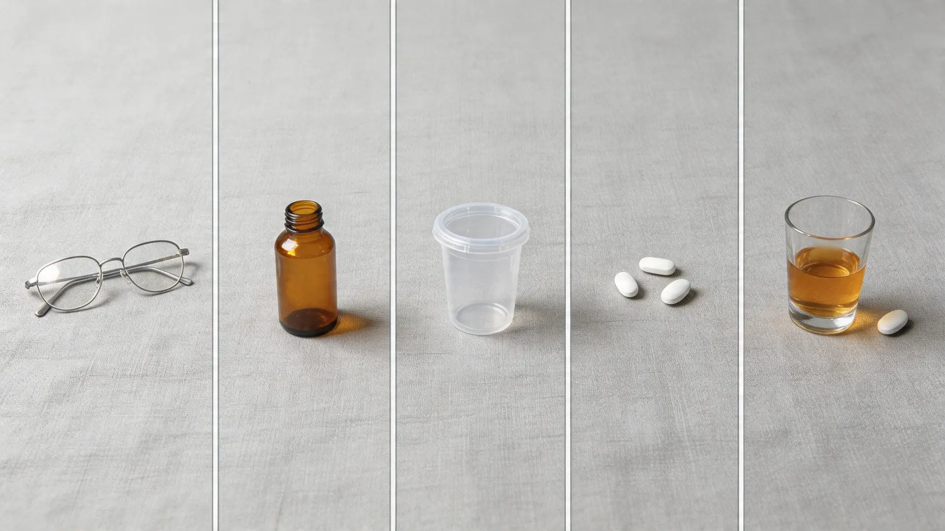 five-panel image showing eyeglasses, an medicine bottle, a specimen cup, loose tablets, and a whiskey glass with a pill