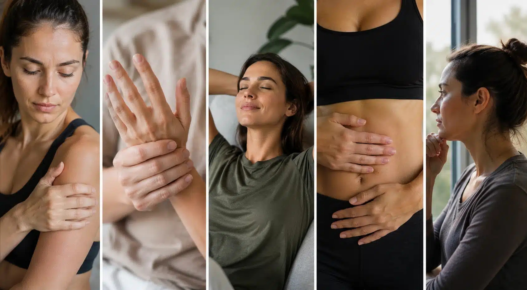 five panels showing caryophyllene terpene effects for inflammation, pain, calm mood, digestion, and brain support