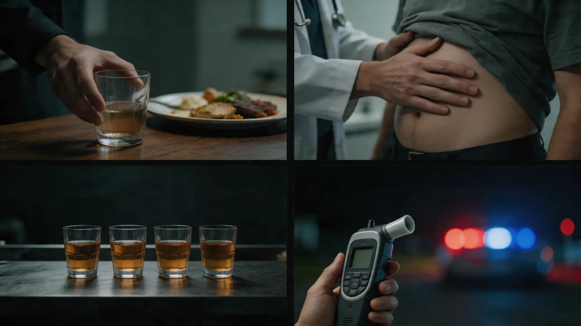 four-panel image showing a drink with a meal, a doctor examining an abdomen, shot glasses, and a breathalyzer