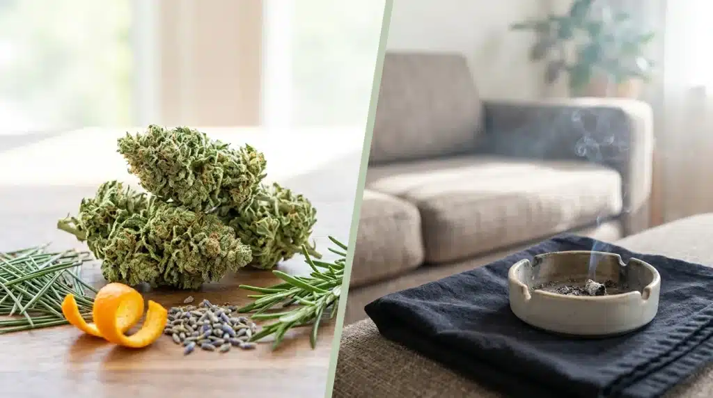 fresh cannabis buds and smoky room scene showing marijuana smell before and after use