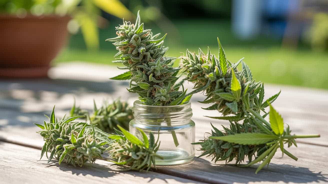 fresh green hemp buds near glass jar on sunlit table with clear trichomes and natural light