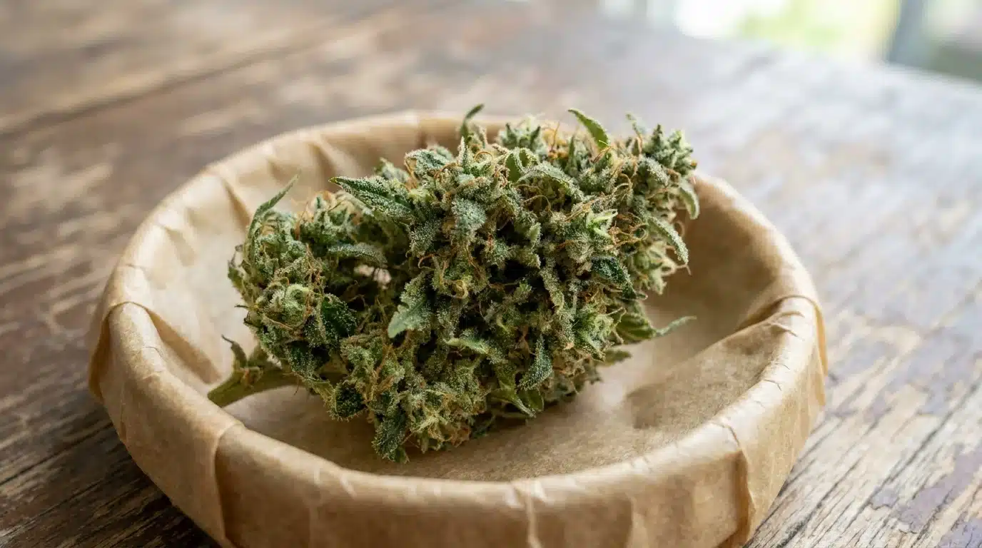 fresh marijuana flower with sticky green buds, trichomes, and a bright herbal look before use (1)