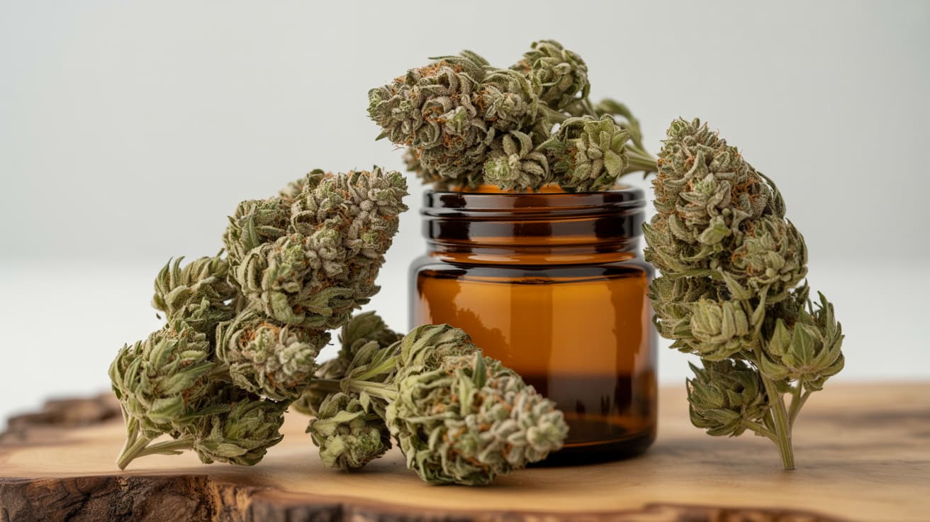 frosty cbd buds placed beside open glass jar on wooden surface with soft studio lighting