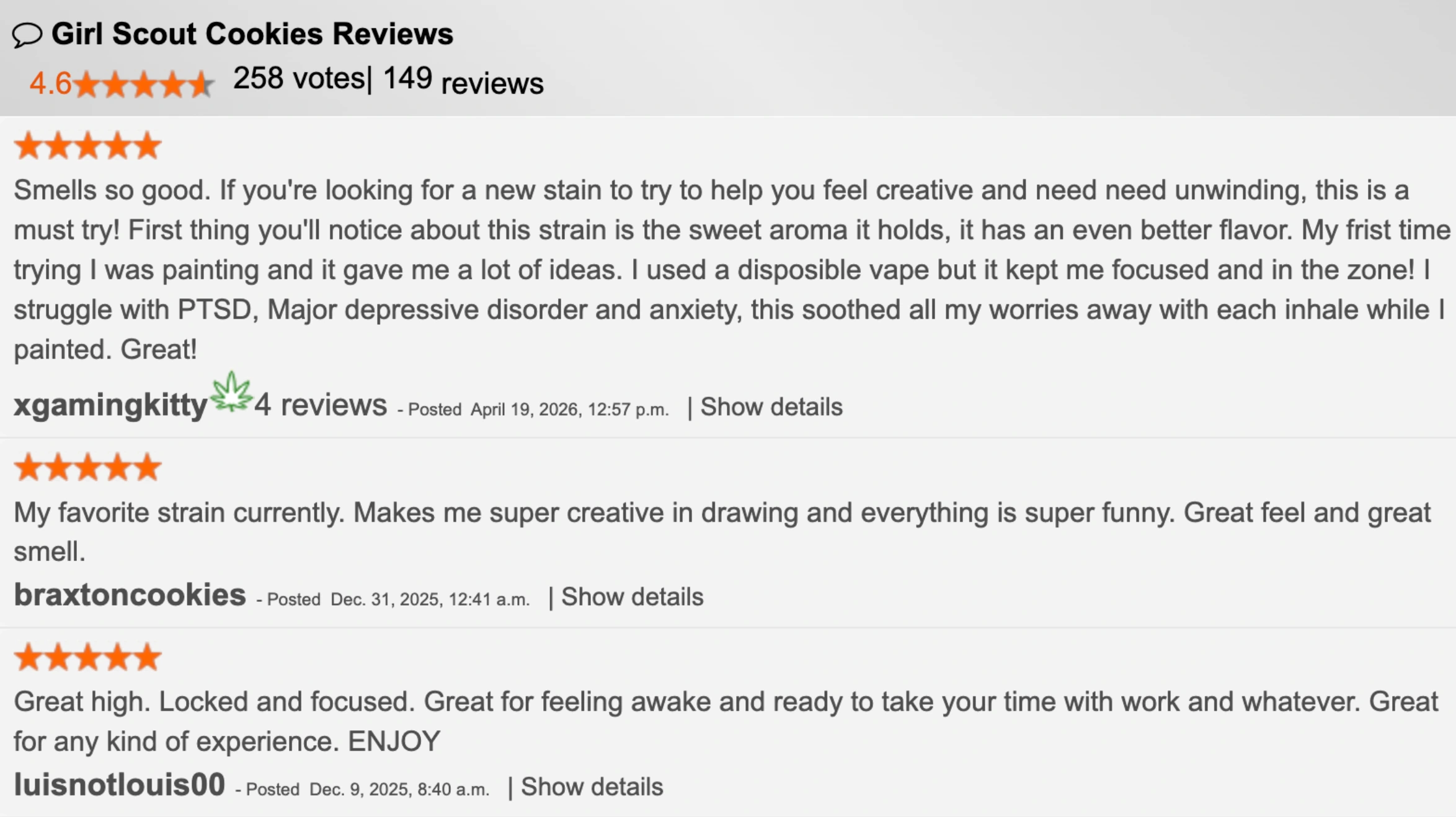 girl scout cookies review screenshot showing star ratings, user comments, creative effects, focus, aroma, and feedback