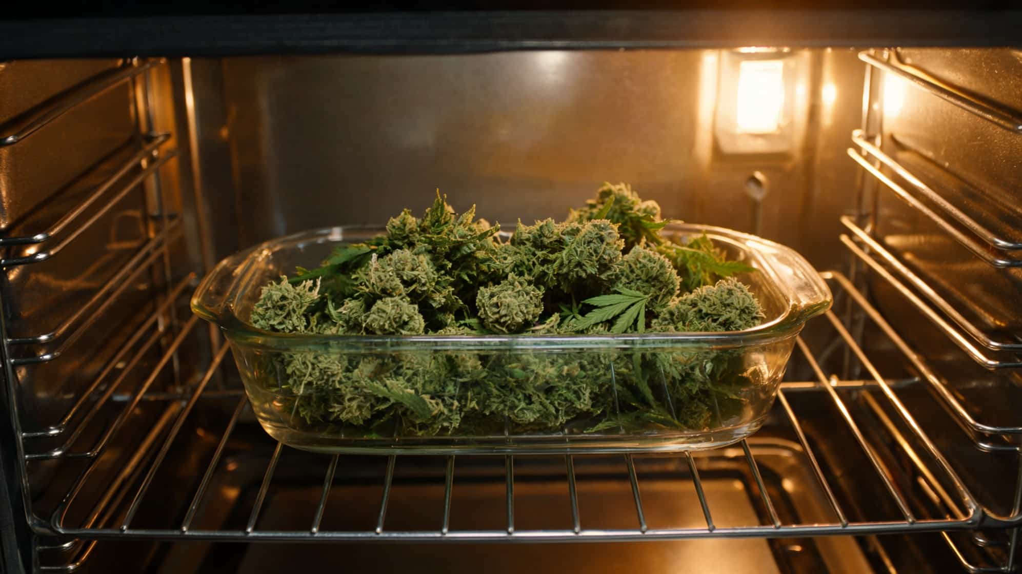 cannabis buds sit in a glass dish inside an oven, showing a drying or decarboxylation process under warm light