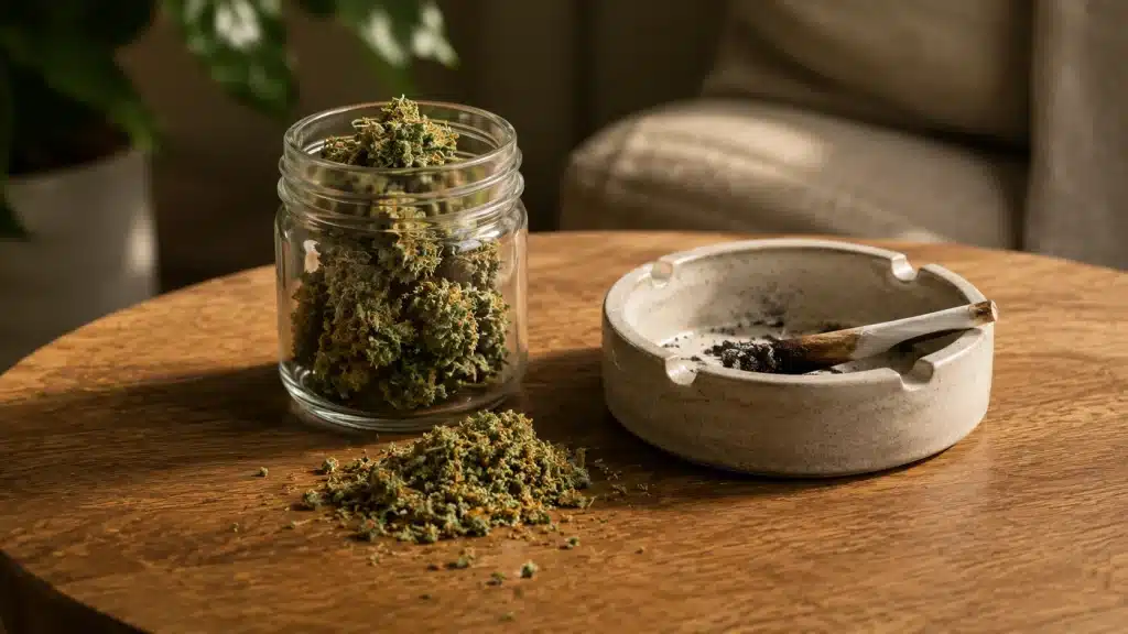 glass jar filled with cannabis buds beside ashtray and rolled joint on wooden table in warm indoor living room setting