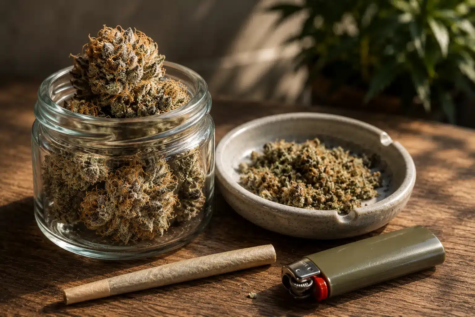 glass jar filled with pink acai cannabis buds beside crushed flower, rolled joint, lighter, and ceramic ashtray on table