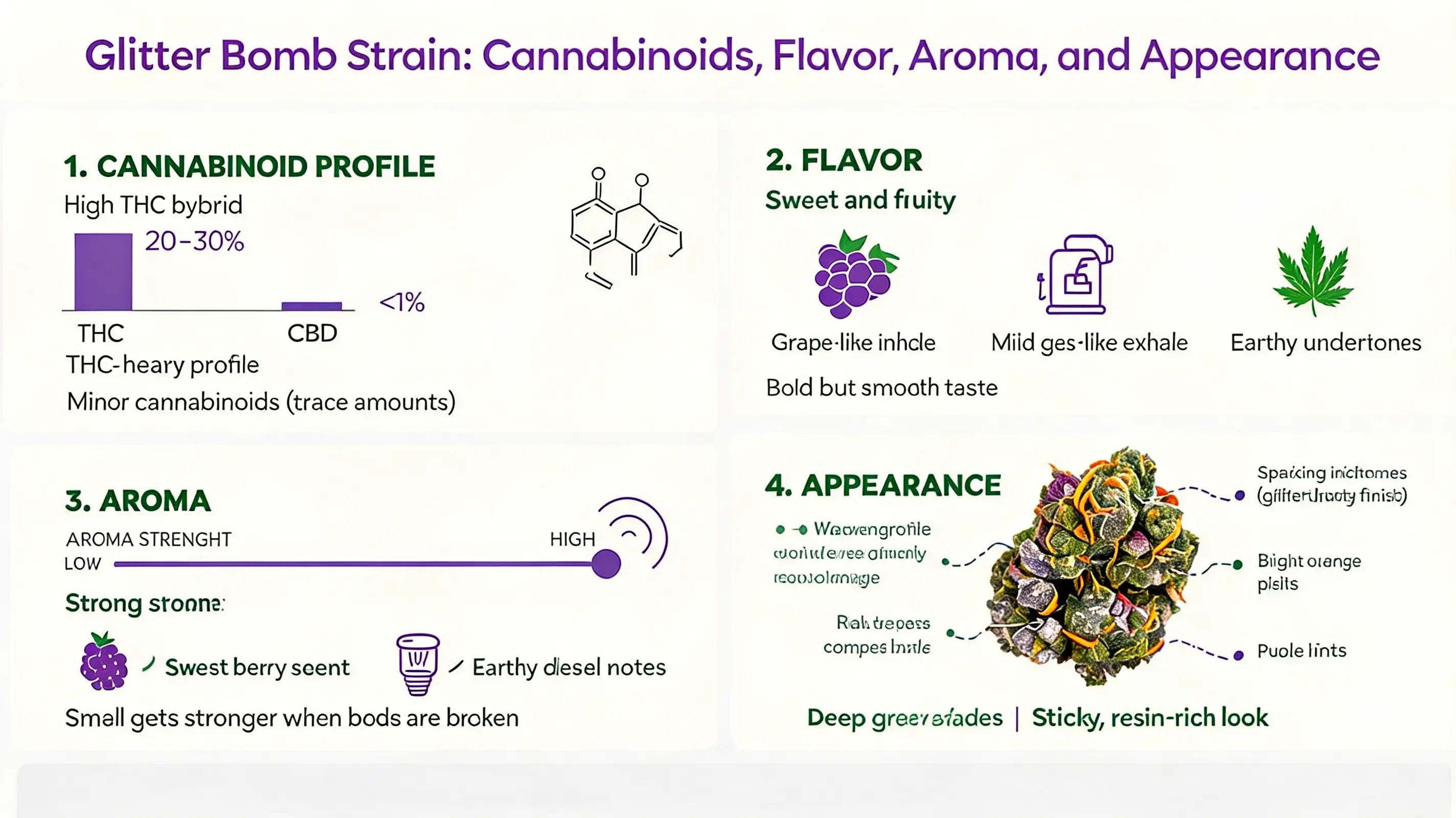 glitter bomb strain infographic with thc flavor aroma and frosty bud traits (1)
