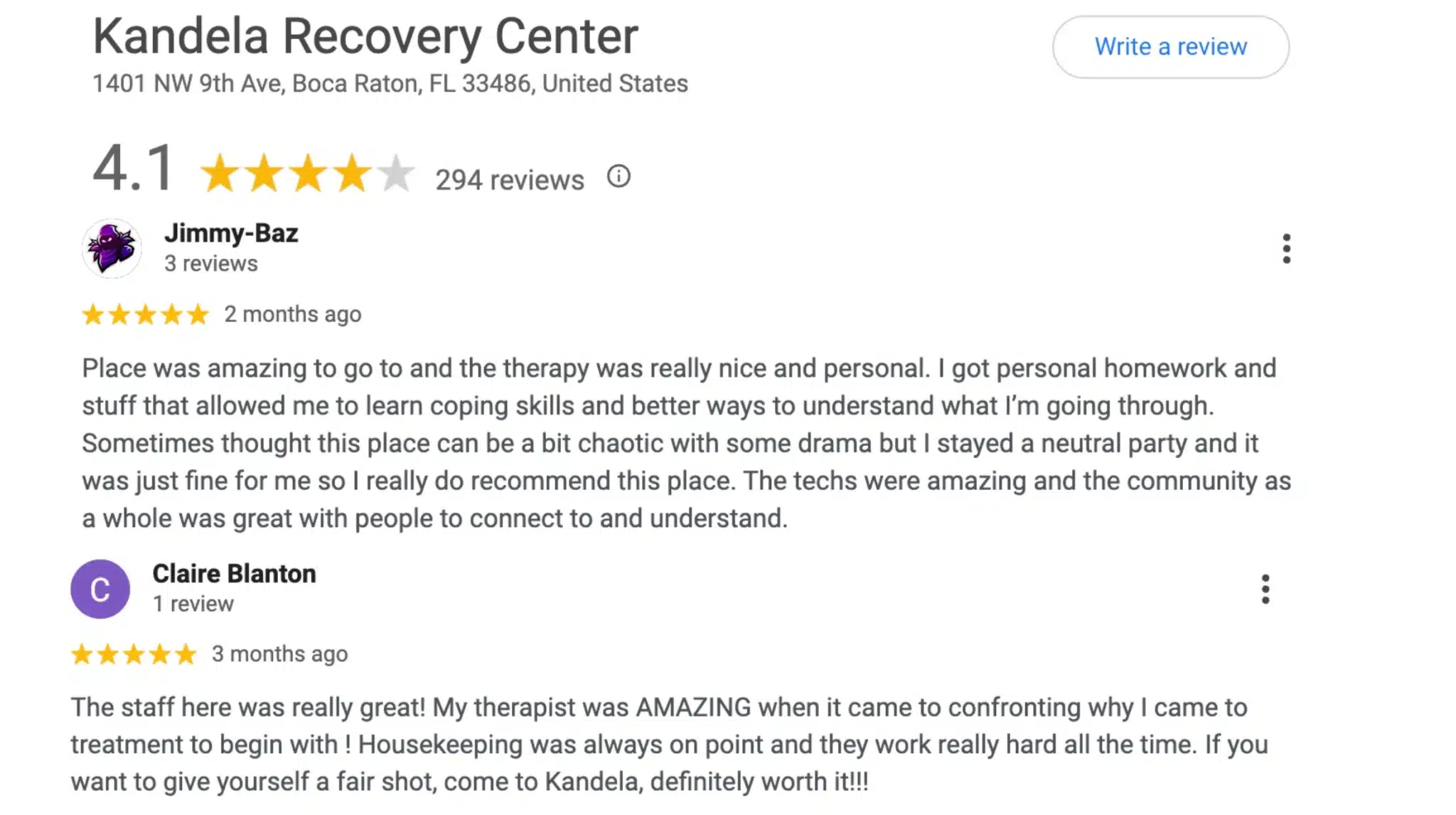 google review page for kandela recovery center shows 4.1 rating, user reviews, star ratings, and feedback