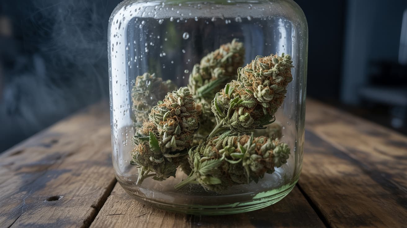 green and purple cannabis buds inside glass jar with soft lighting and detailed trichomes
