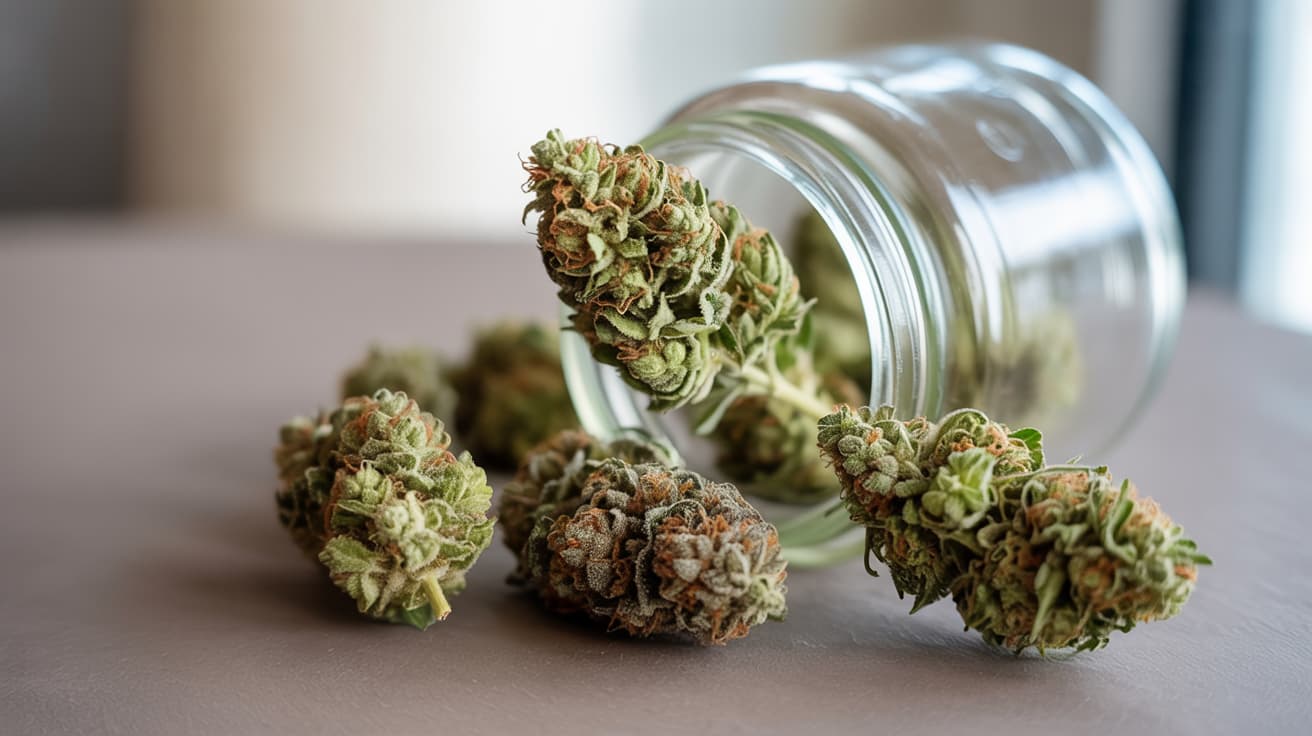 green cannabis buds beside open jar on neutral surface with soft daylight and clear texture