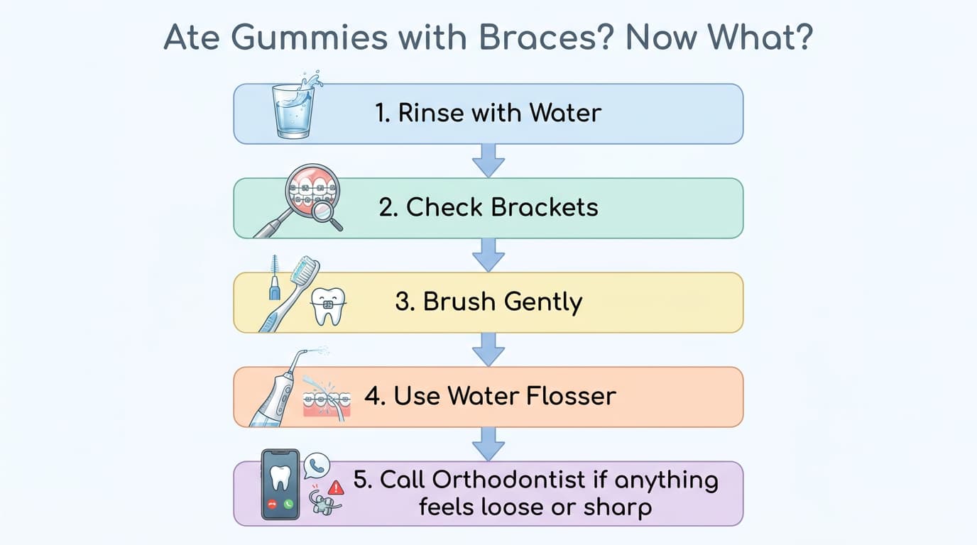 flowchart showing what to do after eating gummies with braces including rinsing brushing and checking brackets