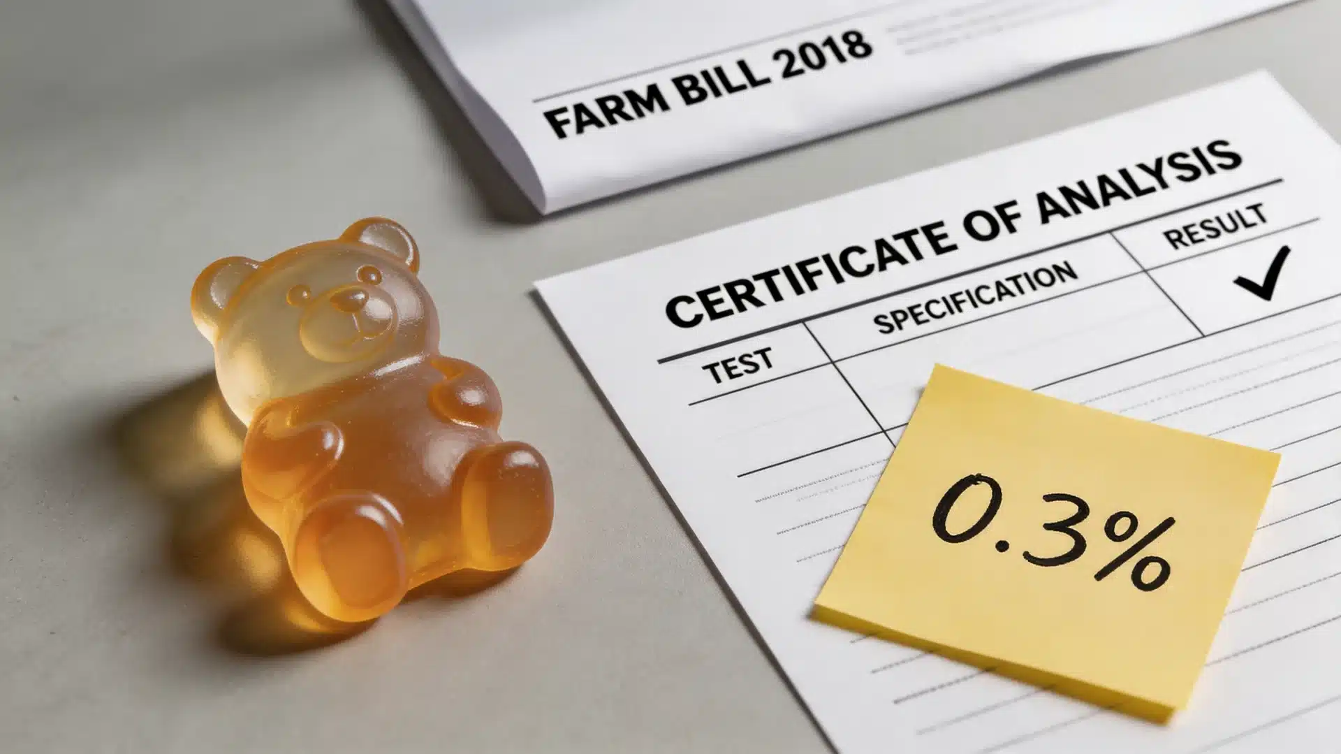 gummy bear beside a certificate of analysis document and farm bill 2018 paper showing delta-9 thc legal threshold