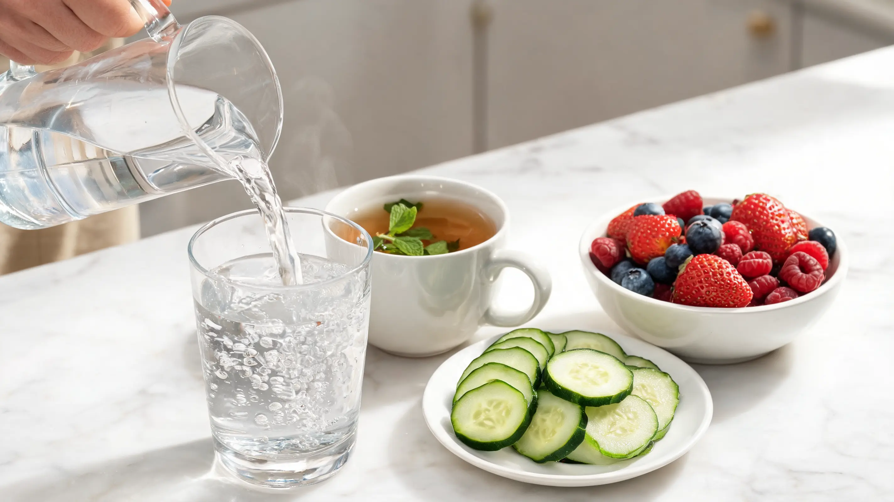 hand pouring fresh water beside herbal tea and fruit during marijuana detox at home