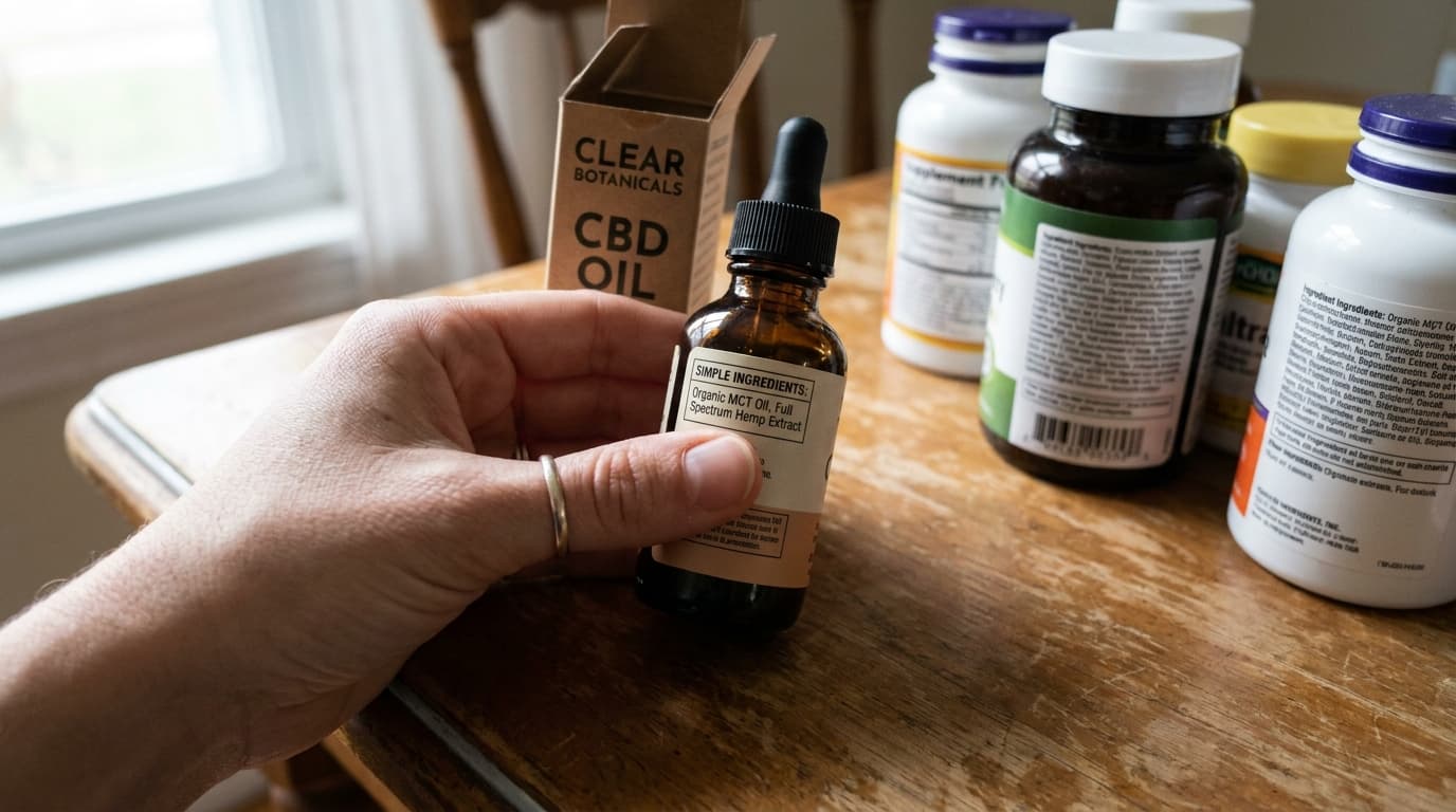 hand reading cbd label showing simple ingredients on product packaging on table