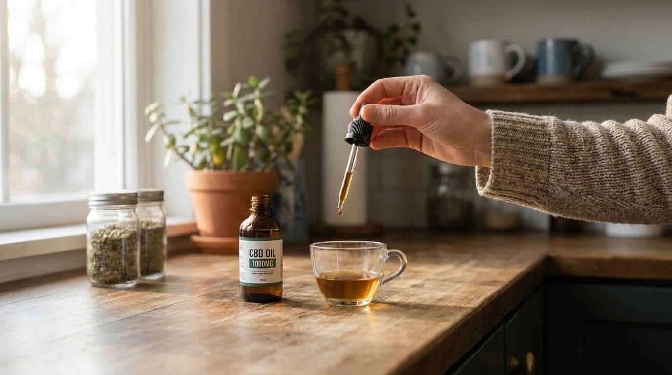 hand using cbd dropper with bottles showing different strengths on kitchen counter