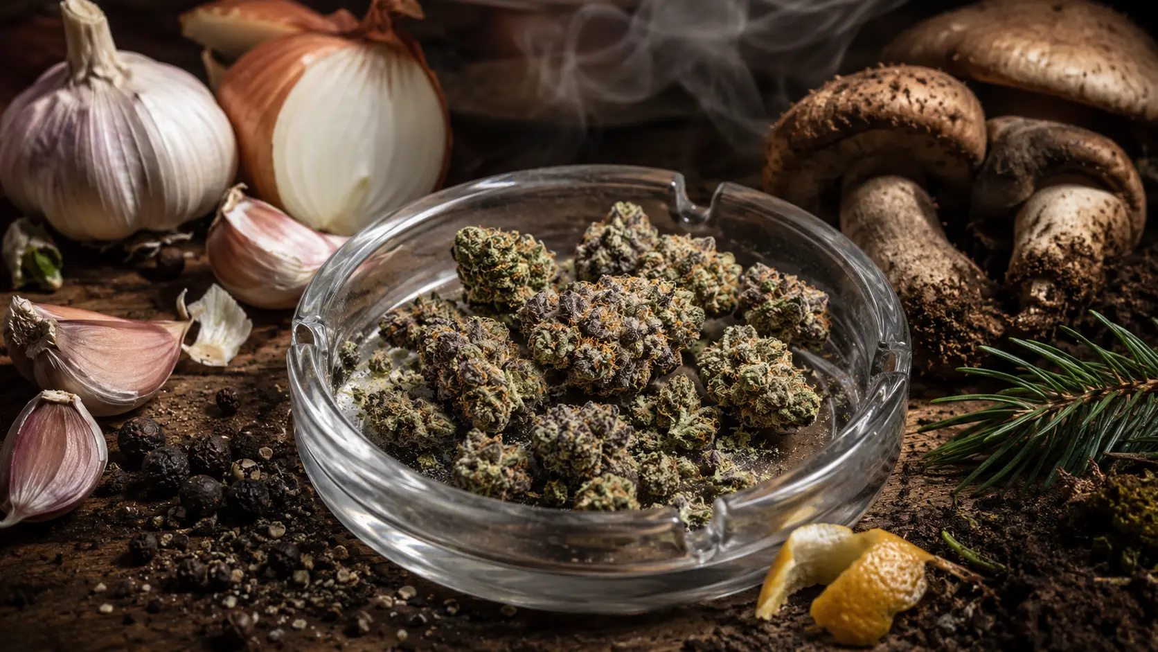 hash burger strain buds in a glass ashtray with garlic, onion, mushrooms, pine, citrus, pepper, earthy elements nearby