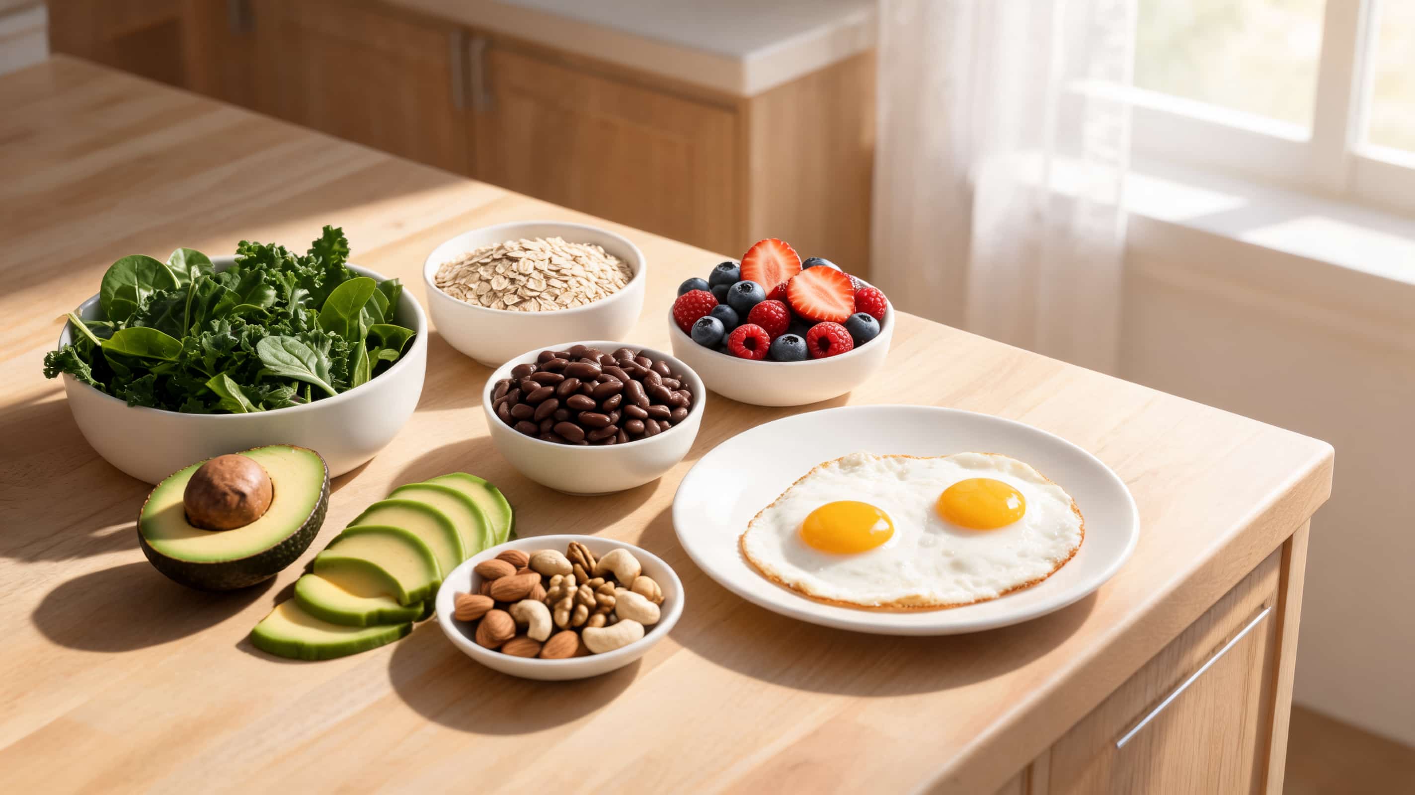 healthy detox meal with greens eggs oats berries nuts beans and avocado on a kitchen counter