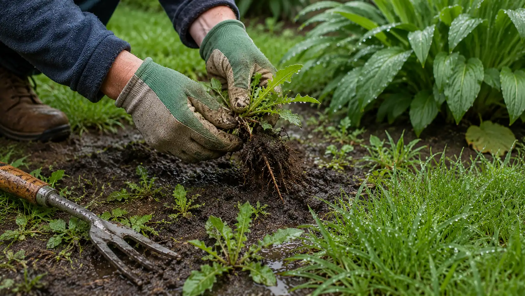 gloved hands remove weeds from damp soil after rain using a small hand weeder
