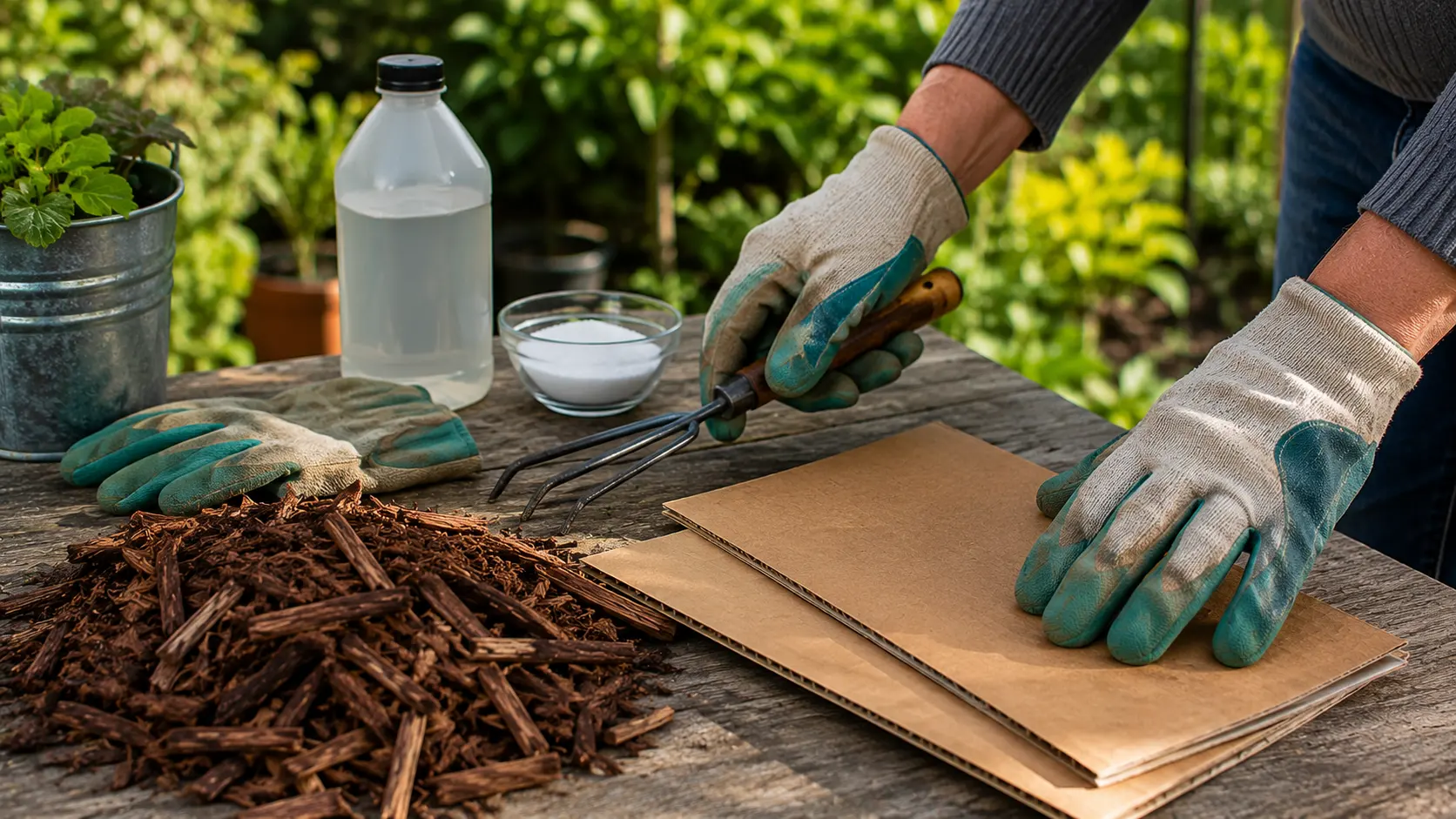 faceless gardener chooses safe weed tools while setting risky household items aside outdoors