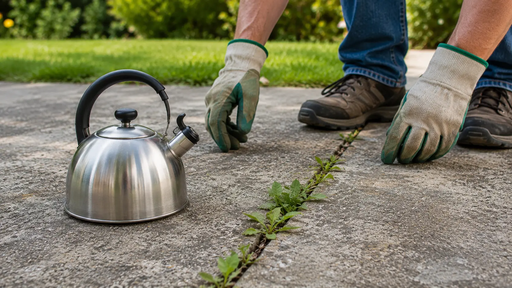 gloved hands pour hot water onto weeds growing between driveway cracks outdoors