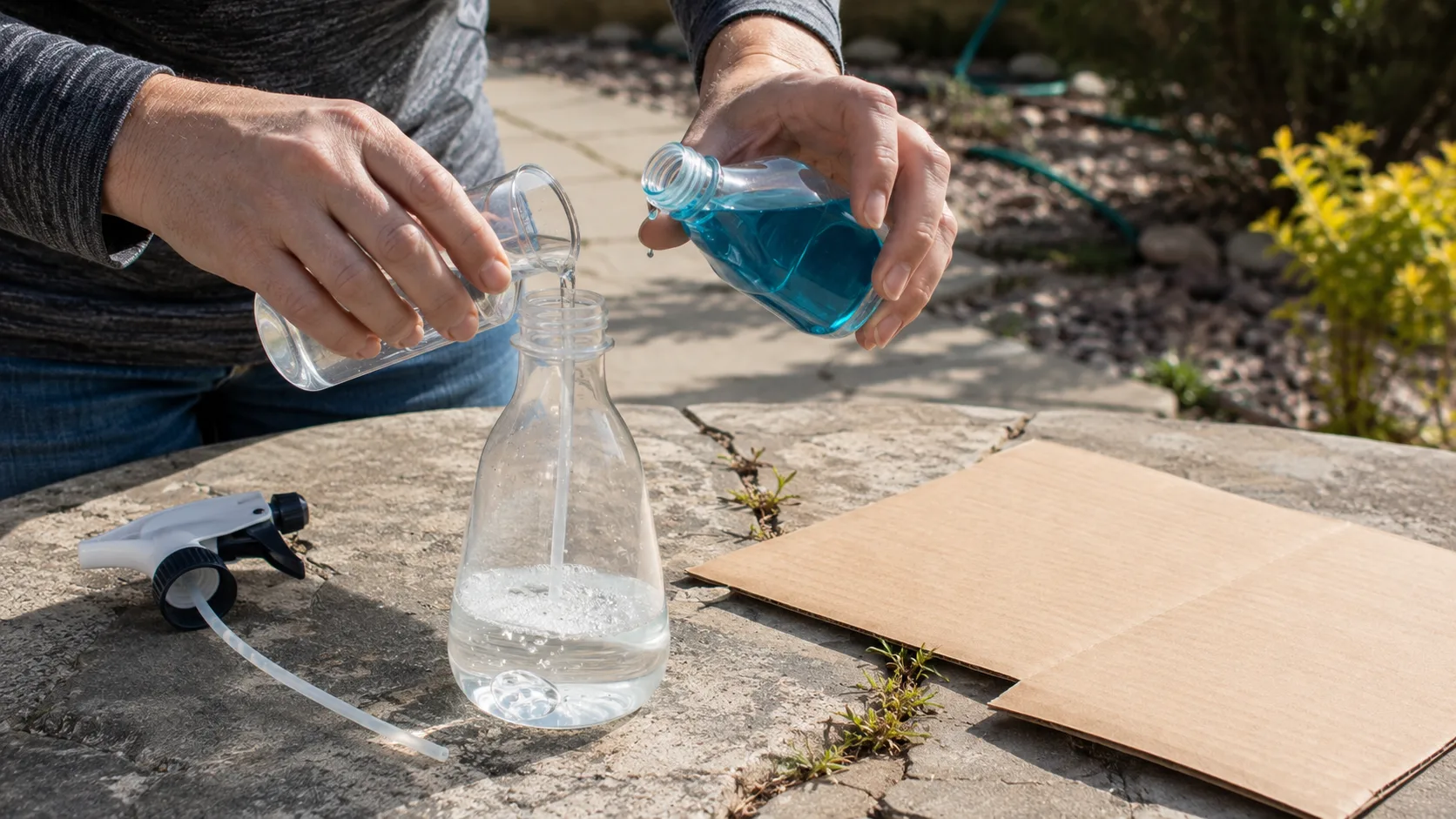 hands pour vinegar and dish soap into a spray bottle beside weeds and cardboard