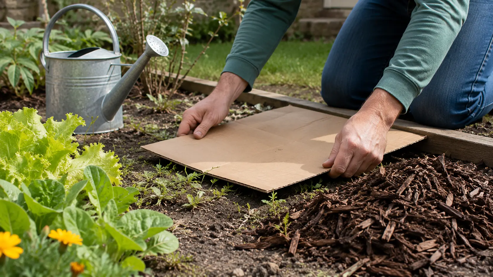 faceless gardener layers cardboard and mulch over garden bed weeds for natural weed control