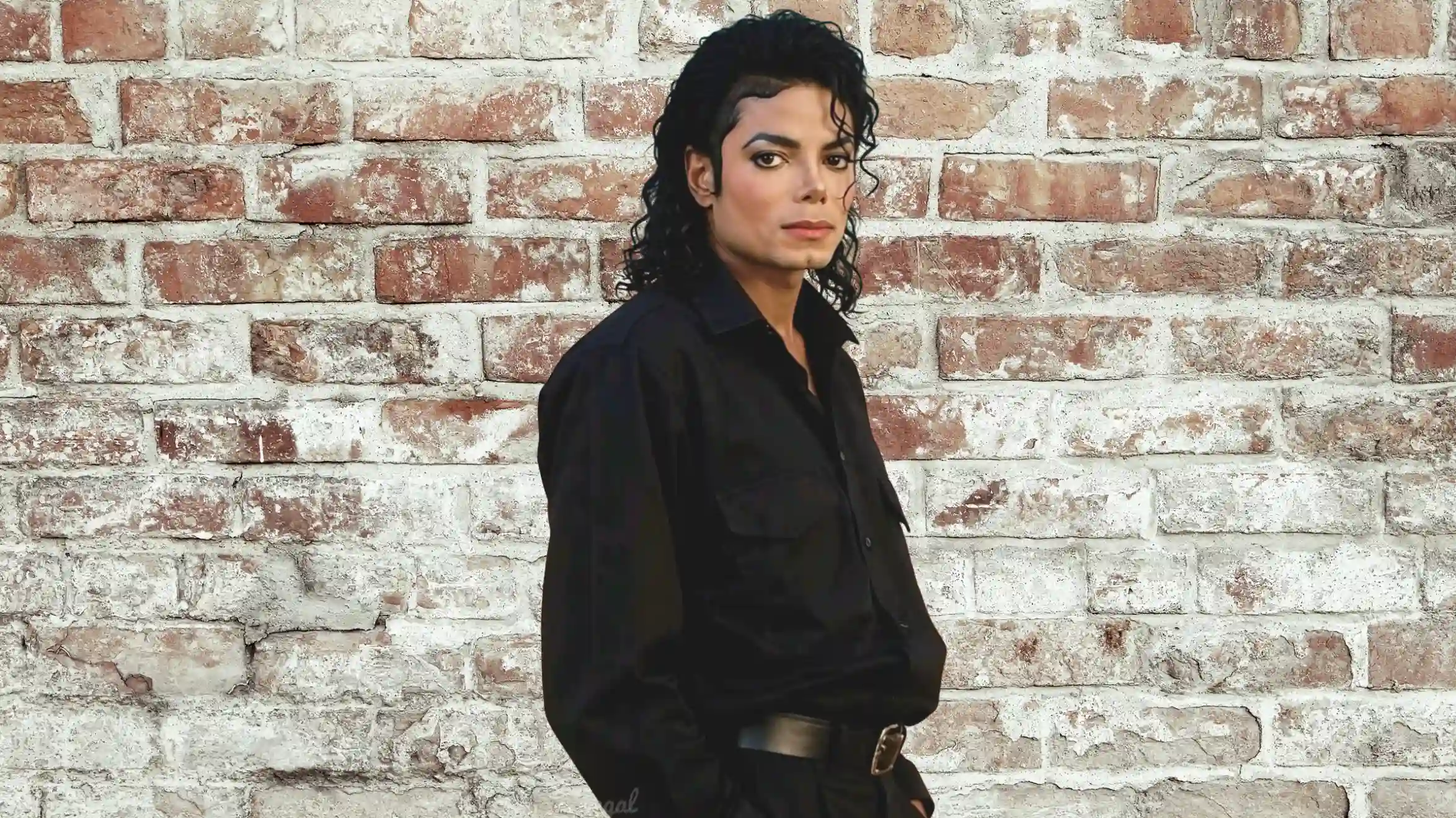image of michael jackson in a black shirt standing against a brick wall, with his curly hair and confident expression