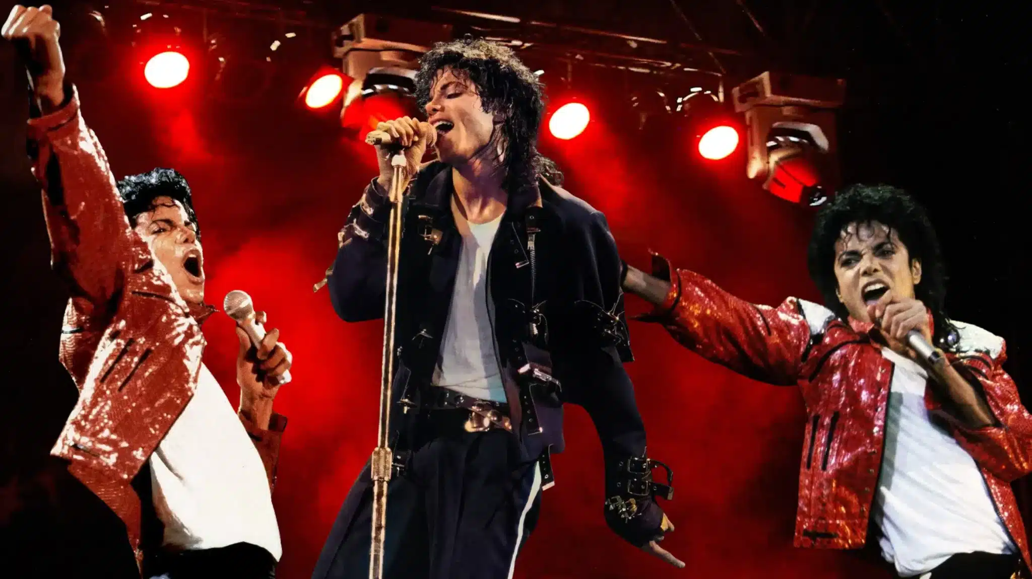 image of michael jackson performing on stage, wearing iconic red and black jackets, with red lighting and a microphone