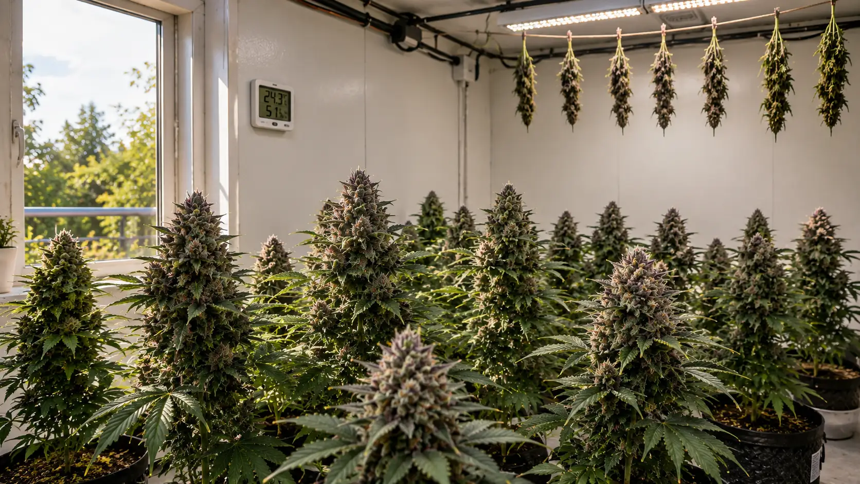 indoor pink acai cannabis grow room with dense flowering plants, drying buds, natural sunlight, and led lighting