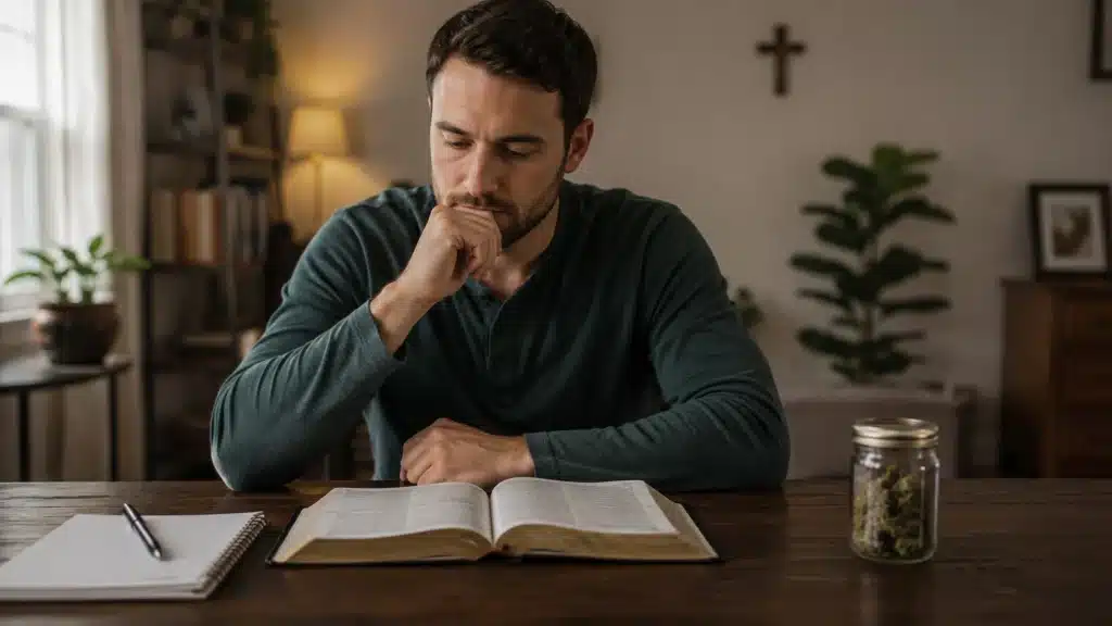 thoughtful man sits with an open bible, notebook, and cannabis jar in warm window light