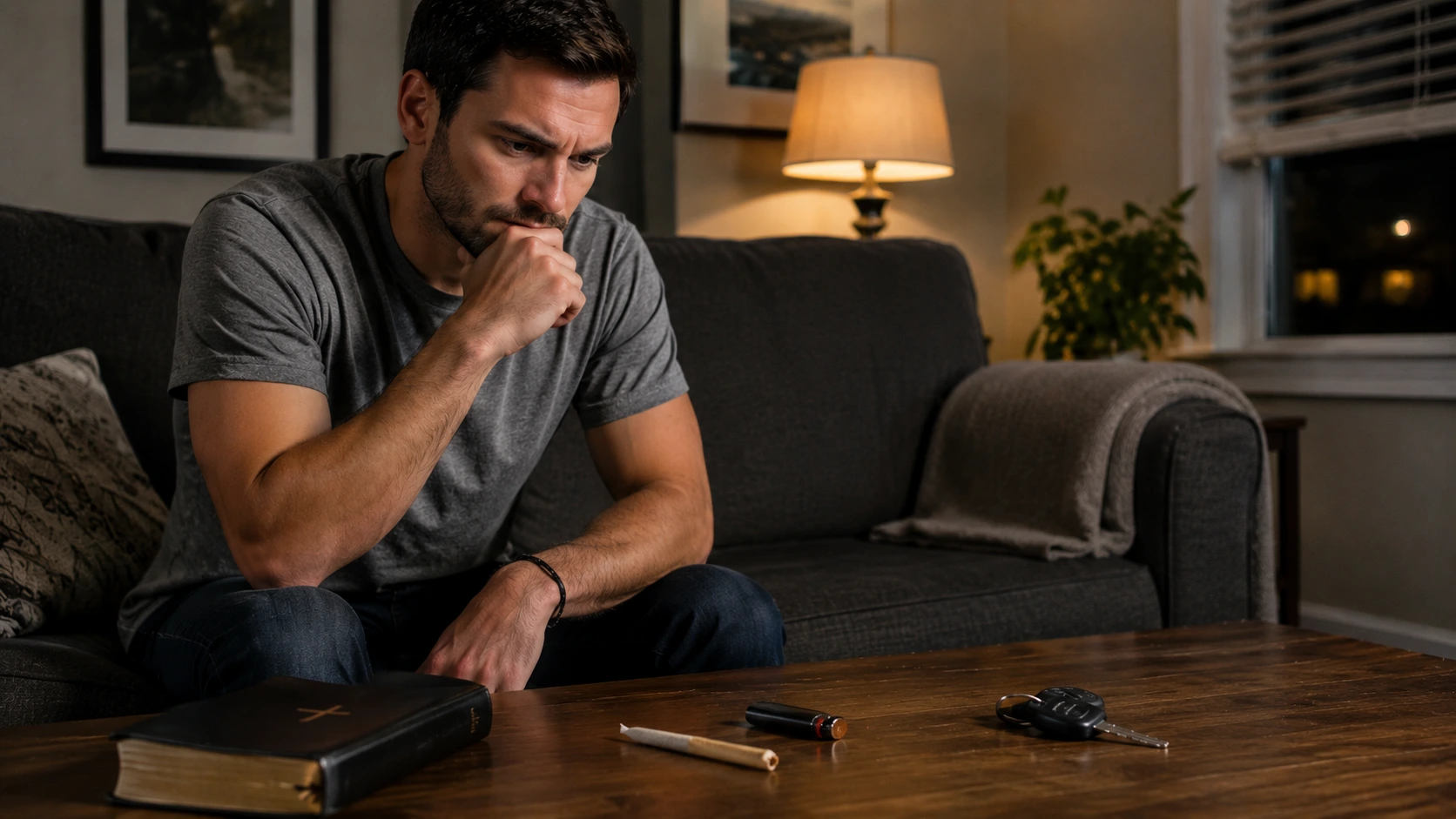 thoughtful man sits near a closed bible, joint, lighter, and car keys in a dim room