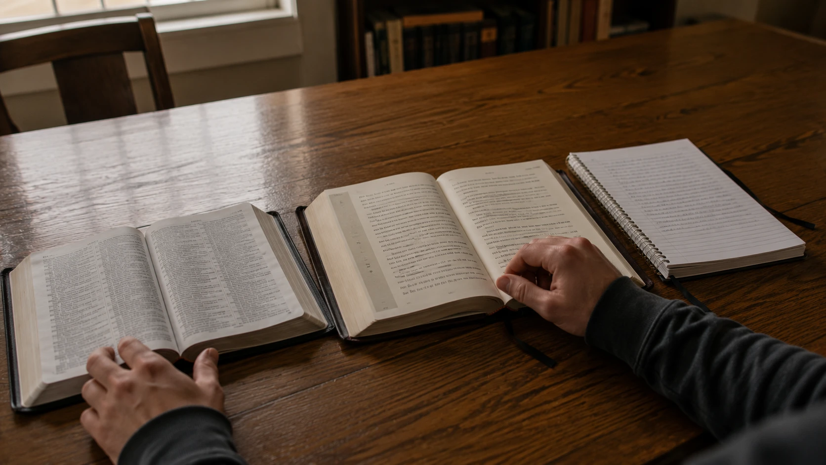 open faith books, handwritten notes, and resting hands sit on a quiet church study table